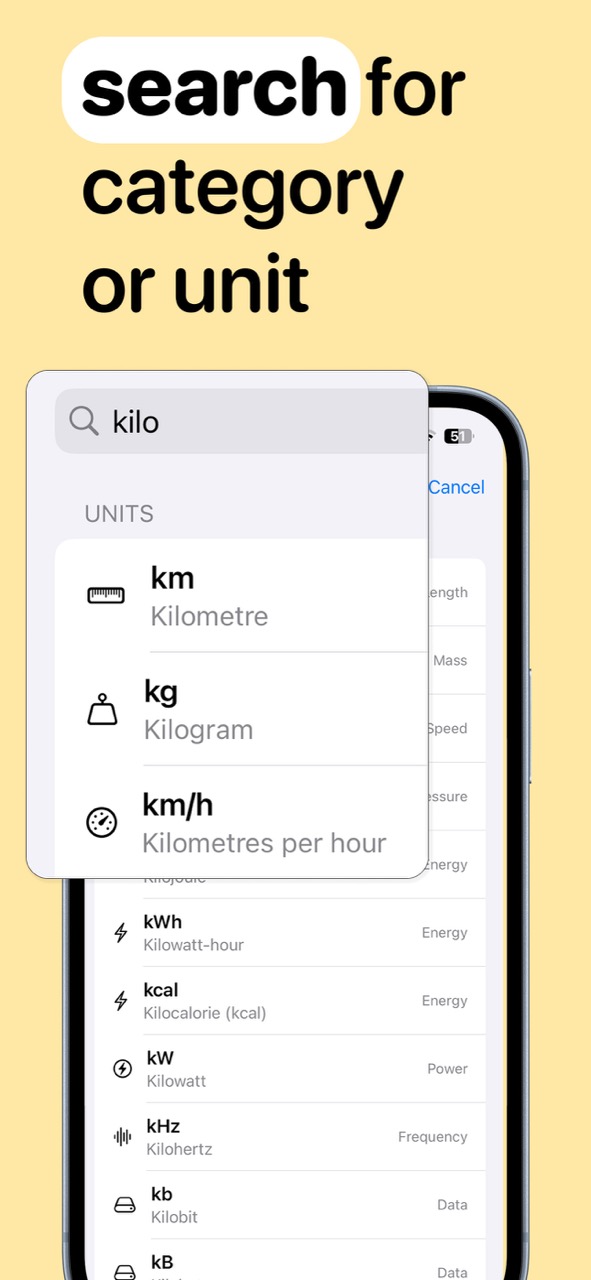 Search for category or unit like km, kg, km/h